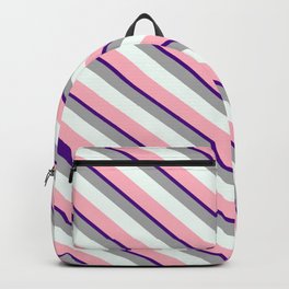 [ Thumbnail: Indigo, Dark Grey, Mint Cream, and Light Pink Colored Lines Pattern Backpack ]