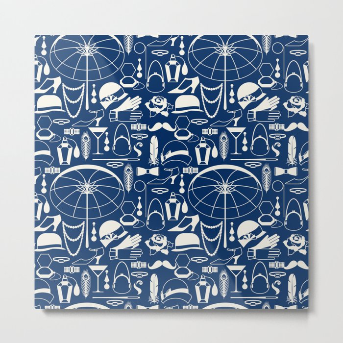White Old-Fashioned 1920s Vintage Pattern on Navy Blue Metal Print