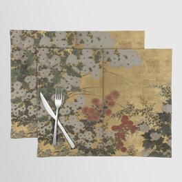Red White Chrysanthemums Vintage Floral Japanese Gold Leaf Screen Placemat