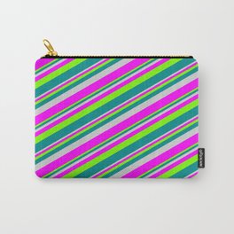 [ Thumbnail: Light Grey, Fuchsia, Green, and Dark Cyan Colored Lines/Stripes Pattern Carry-All Pouch ]