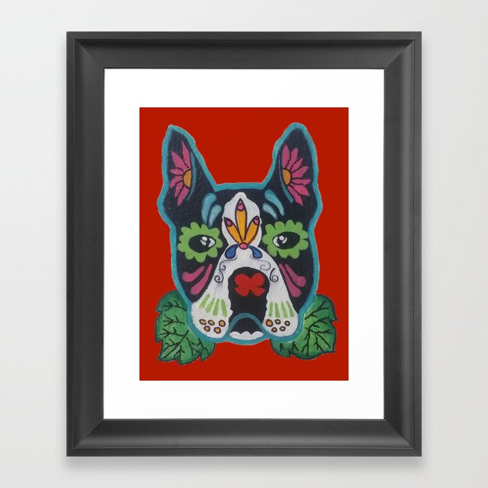Boston Terrier Skull on Red Framed Art Print