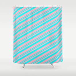 [ Thumbnail: Aqua and Light Pink Colored Stripes/Lines Pattern Shower Curtain ]