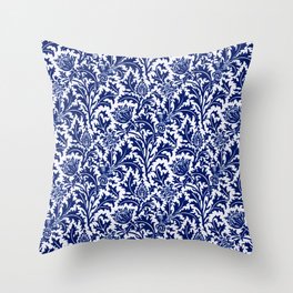 William Morris Thistle Damask, Cobalt Blue & White Throw Pillow