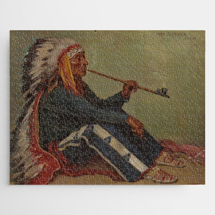 Full portrait of Chief Flat Iron smoking peace pipe Sioux First Nations American Indian portrait painting by Joseph Henry Sharp Jigsaw Puzzle