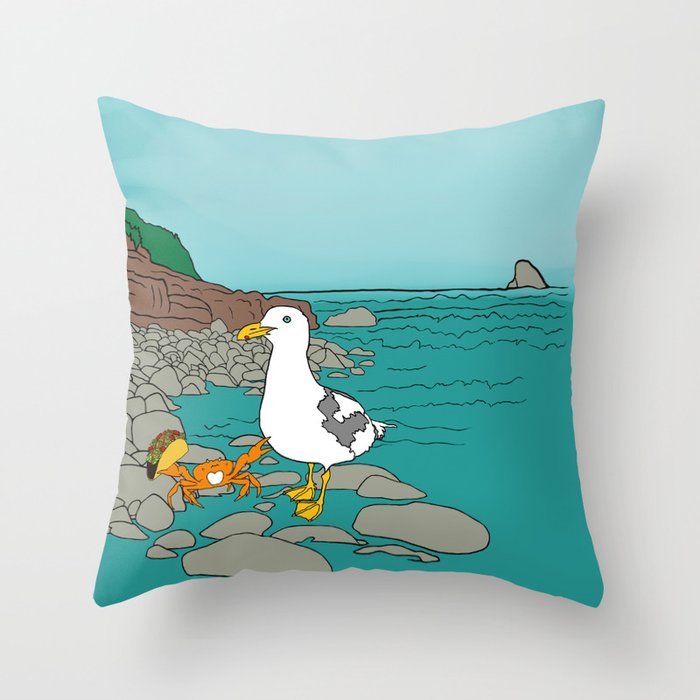 Crabarita & Gerry the Seagull from Flock of Gerrys Gerry Loves Tacos by Seasons Kaz Sparks Throw Pillow