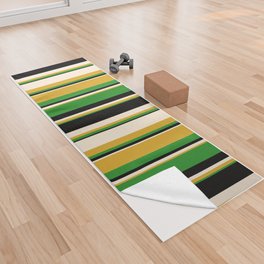 [ Thumbnail: Goldenrod, Beige, Black & Forest Green Colored Striped Pattern Yoga Towel ]