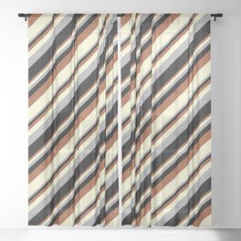 [ Thumbnail: Sienna, Light Yellow, Dark Grey, and Black Colored Stripes Pattern Sheer Curtain ]