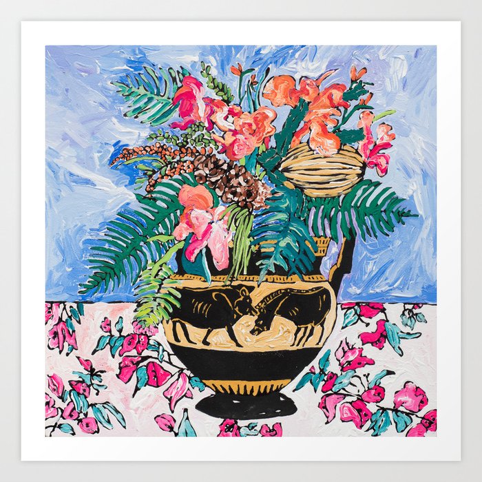 Tropical Banksia Bouquet after Matisse in Greek Boar Urn on Pale Painterly Blue Art Print