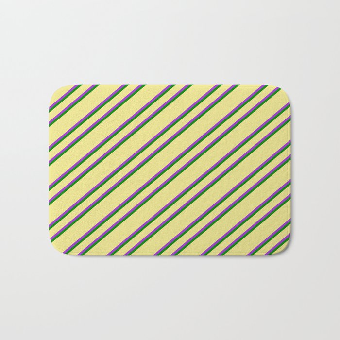 Tan, Dark Orchid & Green Colored Lined/Striped Pattern Bath Mat