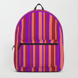 [ Thumbnail: Dark Violet, Salmon & Red Colored Stripes/Lines Pattern Backpack ]