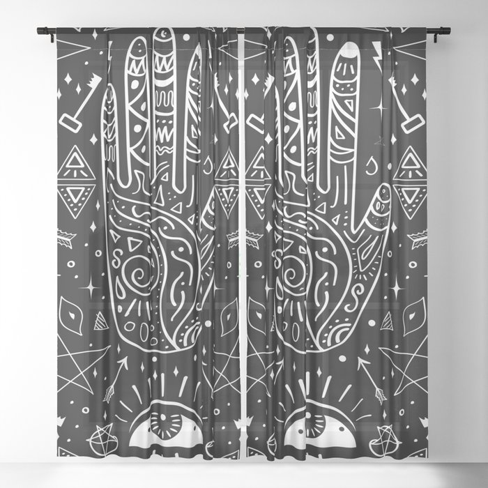 Black background occult pattern with mystical chalk signs Sheer Curtain