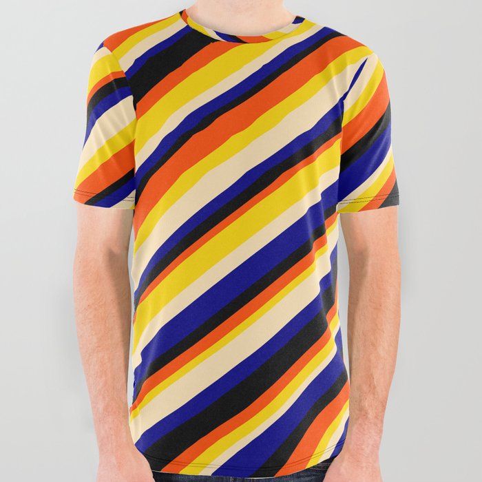 Eye-catching Red, Yellow, Beige, Blue & Black Colored Striped Pattern All Over Graphic Tee