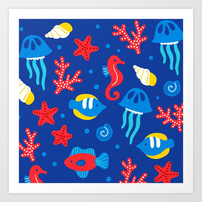 Ocean Fish, Starfish And Coral Graphic Art Pattern  Art Print