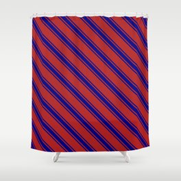 [ Thumbnail: Red and Blue Colored Lined/Striped Pattern Shower Curtain ]
