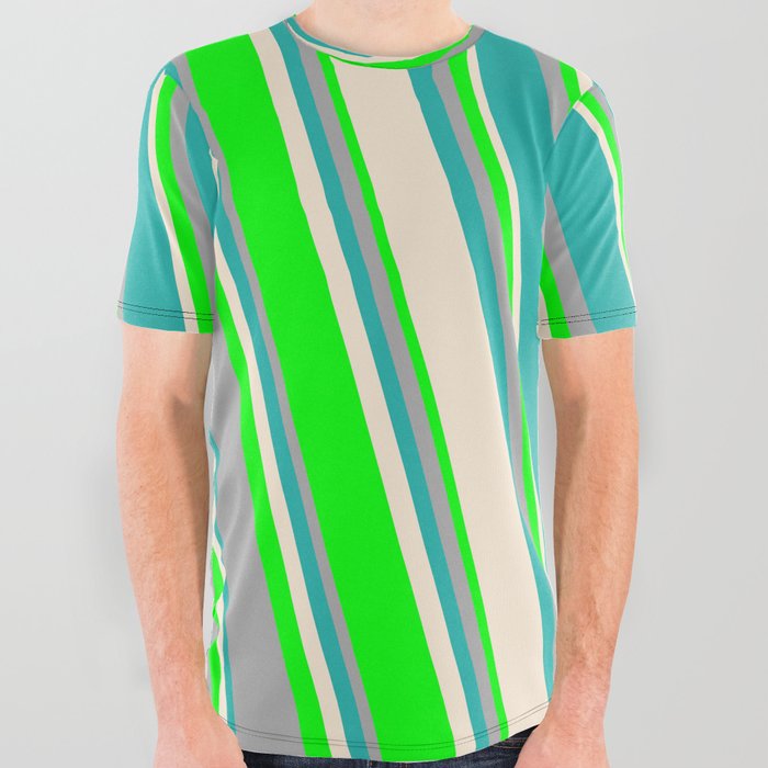 Beige, Lime, Dark Gray, and Light Sea Green Colored Pattern of Stripes All Over Graphic Tee