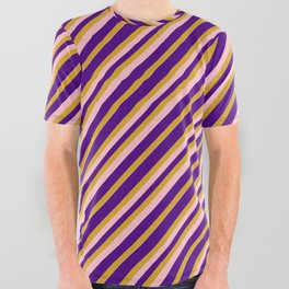 [ Thumbnail: Indigo, Goldenrod & Pink Colored Pattern of Stripes All Over Graphic Tee ]