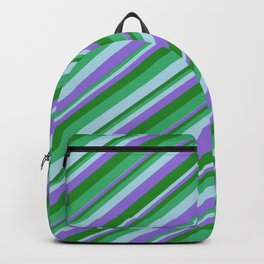 [ Thumbnail: Sea Green, Light Blue, Purple, and Forest Green Colored Lines/Stripes Pattern Backpack ]