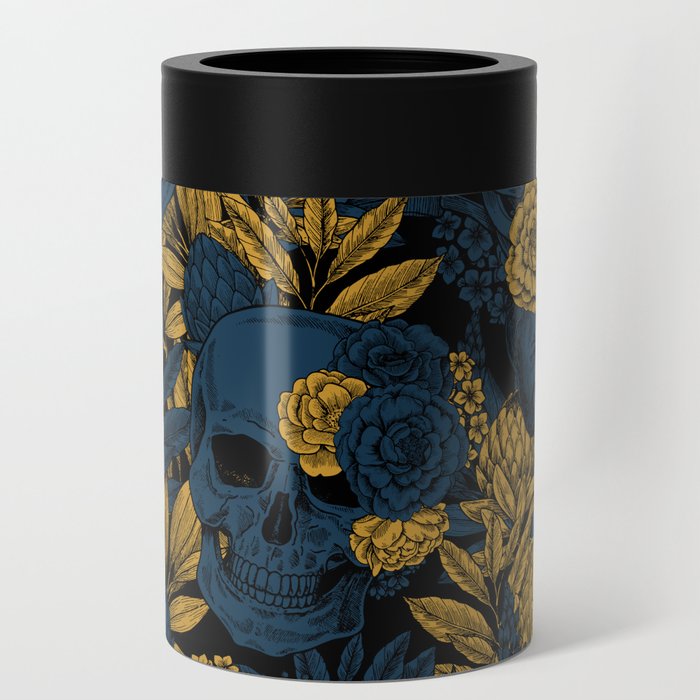 Skulls and Flowers Black Blue Yellow Gold Vintage Can Cooler