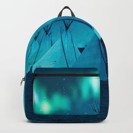 Northern Lights  Backpack | Native, Aurora, Teepee, Color, Ginacollins, West, Tent, Blue, Digital, Landscape 