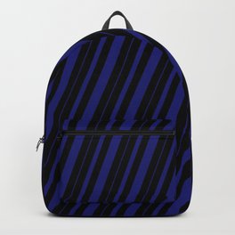 [ Thumbnail: Black & Midnight Blue Colored Striped Pattern Backpack ]