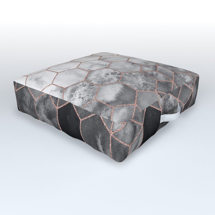 Cubes of Rose Gold - Midnight Black Nights Geometric Outdoor Floor Cushion