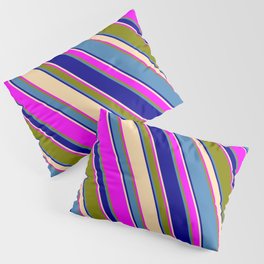 [ Thumbnail: Blue, Dark Blue, Tan, Fuchsia, and Green Colored Stripes/Lines Pattern Pillow Sham ]
