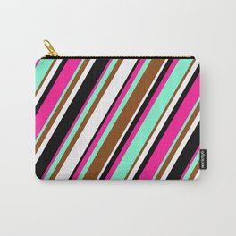[ Thumbnail: Vibrant Deep Pink, Aquamarine, Brown, White, and Black Colored Striped Pattern Carry-All Pouch ]