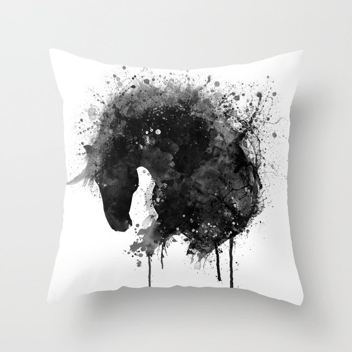 Black and White Horse Head Watercolor Silhouette Throw Pillow