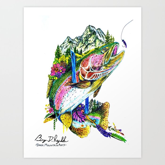 O MYKISS MTN - Original Art - Rainbow Trout - Mountains - Flowers Art Print