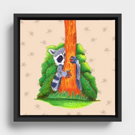 Peeking Raccoons #4 Beige Pallet- Framed Canvas