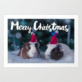 Guineapigs Christmas card | Guineapigs in winter setting with cute santa hats and snow surroundings Art Print