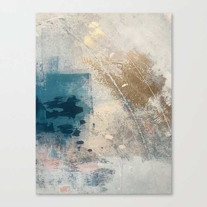 Embrace: a minimal, abstract mixed-media piece in blues and gold with a hint of pink Leinwanddruck