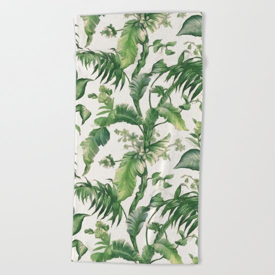 Green tropical leaves Beach Towel