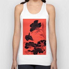 Japanese Flowers Coral Red & Black Unisex Tank Top