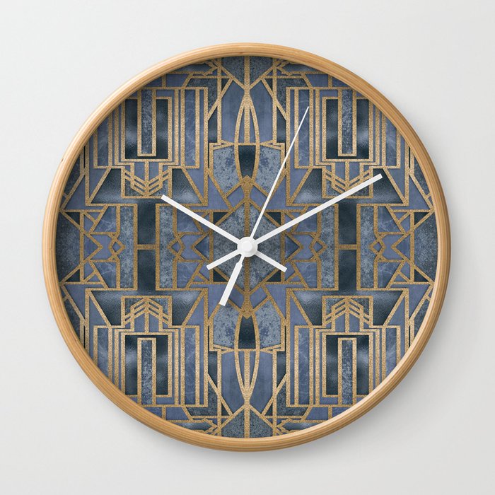 Blue And Copper Elegant Retro Art Deco Pattern With Marble Elements Wall Clock