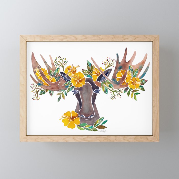 Floral Moose – Yellow Framed Mini Art Print