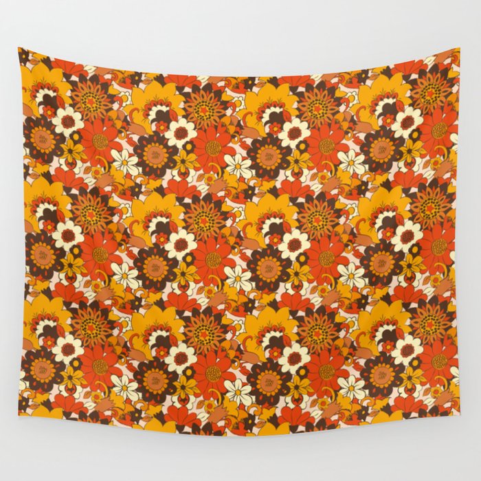 Retro 70s Flower Power, Floral, Orange Brown Yellow Psychedelic Pattern Wall Tapestry