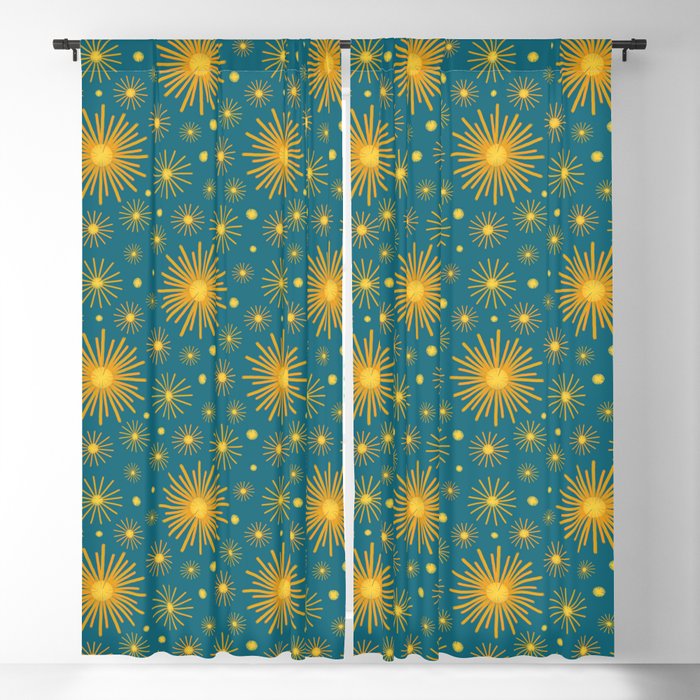 Abstract Hand-painted Golden Fireworks, Vintage Festive Pattern with Beautiful Acrylic Texture, Gold and Blue Teal Color Blackout Curtain