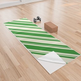 [ Thumbnail: Forest Green and Beige Colored Lined/Striped Pattern Yoga Towel ]