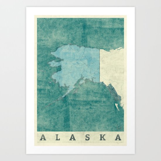 Alaska State Map Blue Vintage Art Print