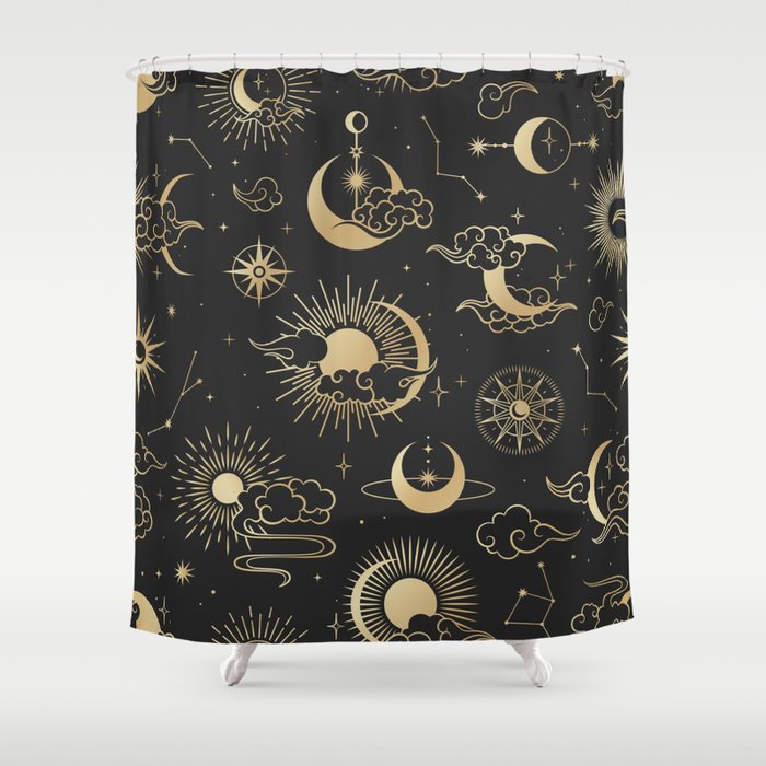 Black & Gold Sun Moon & Star Pattern Shower Curtain