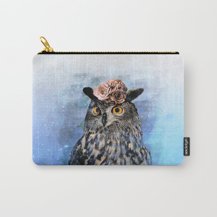 Painting of cute owl with flowers on his head (blue background) - nature Carry-All Pouch
