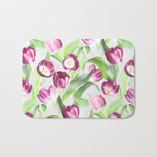 Bright Tulips on Soft Grey Bath Mat