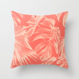 Living Coral Tropical Palm Leaves Monstera Throw Pillow