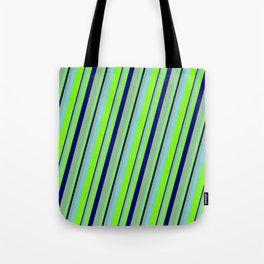 [ Thumbnail: Sky Blue, Chartreuse, Blue & Dark Sea Green Colored Lines Pattern Tote Bag ]