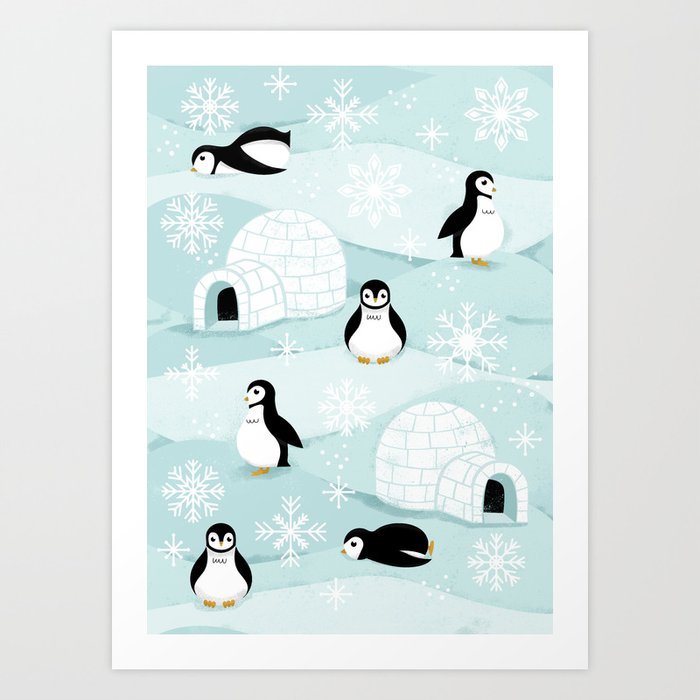 Penguins + Snowflakes Art Print