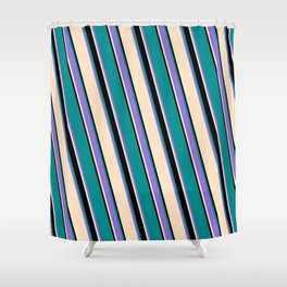 [ Thumbnail: Bisque, Black, Dark Cyan, and Purple Colored Striped Pattern Shower Curtain ]
