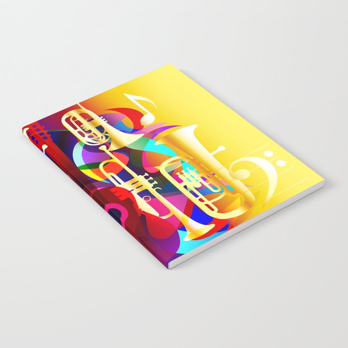 Colorful music instruments with guitar, trumpet, musical notes, bass clef and abstract decor Notebook