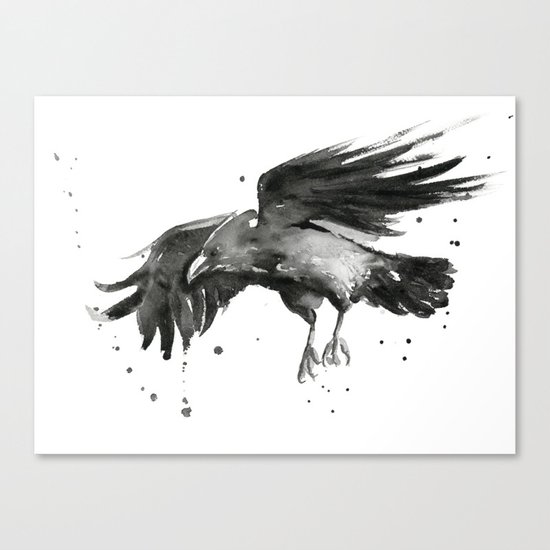 Raven Watercolor Bird Painting Black Animals Canvas Print