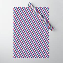 [ Thumbnail: Eye-catching Crimson, Blue, Pale Goldenrod, Midnight Blue & White Colored Striped Pattern Wrapping Paper ]
